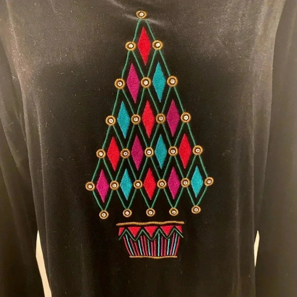 Bob Mackie Womens Vintage Velour Christmas Tree Rhinestone Top Size Large Black - Picture 5 of 6
